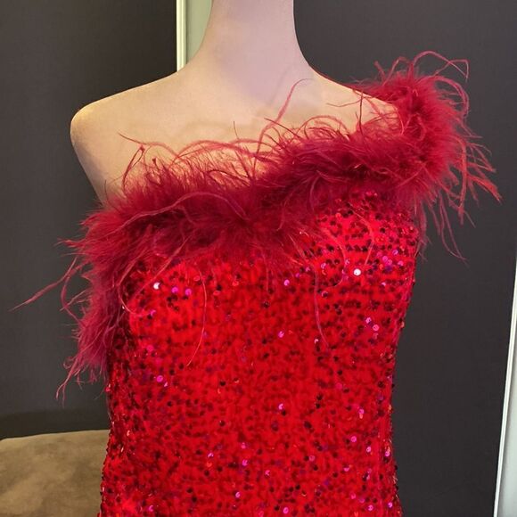 Women’s Pink Short Feather & Sequin One Shoulder Prom Party Dress Size 14 *READ - Picture 2 of 16